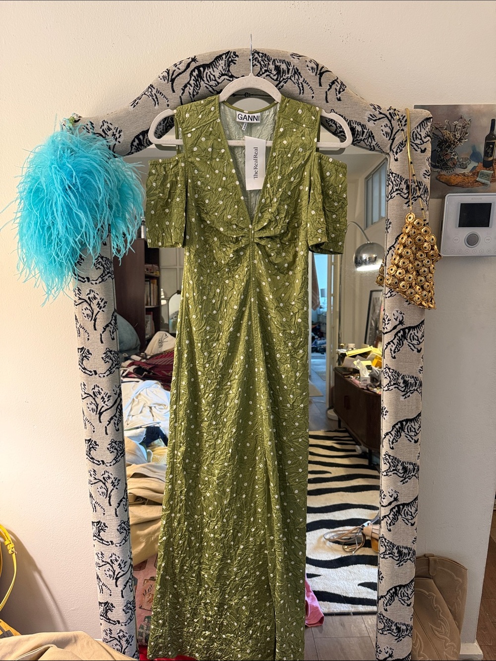 Ganni Olive Green Cold-Shoulder Maxi Dress with Knot Front - Picture 4 of 5
